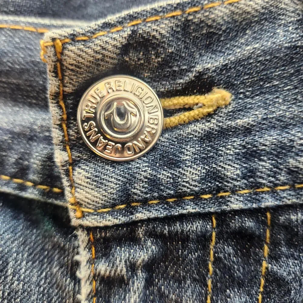 Vintage Y2K True Religion Mens Straight Leg Jeans Sz 34 Distressed‎ Blue Denim